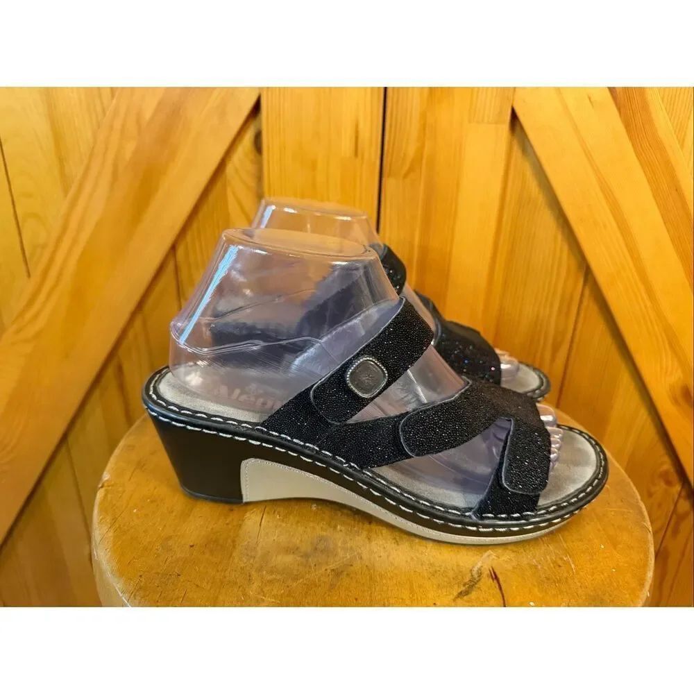 Alegria Loti Black Glitteroti Leather Slide Wedge Sandals EU37 US 7-7.5